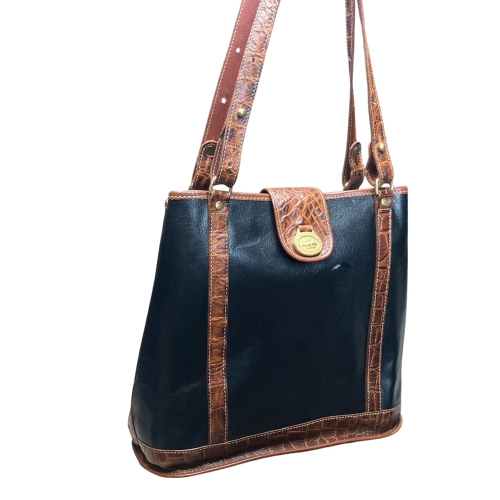 Vintage Brahmin Tuscan Melbourne Croc Embossed Leather Shoulder Bag Black Pecan